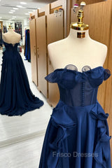 A Line Navy Blue Corset Ruffle Maxi Formal Prom Dress