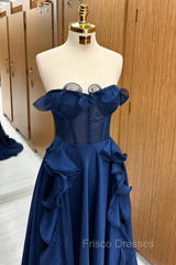 A Line Navy Blue Corset Ruffle Maxi Formal Prom Dress