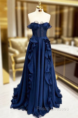 A Line Navy Blue Corset Ruffle Maxi Formal Prom Dress