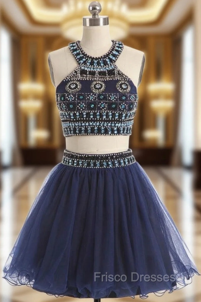 A-line Navy Blue Halter Tulle Beading Homecoming Dress Main image