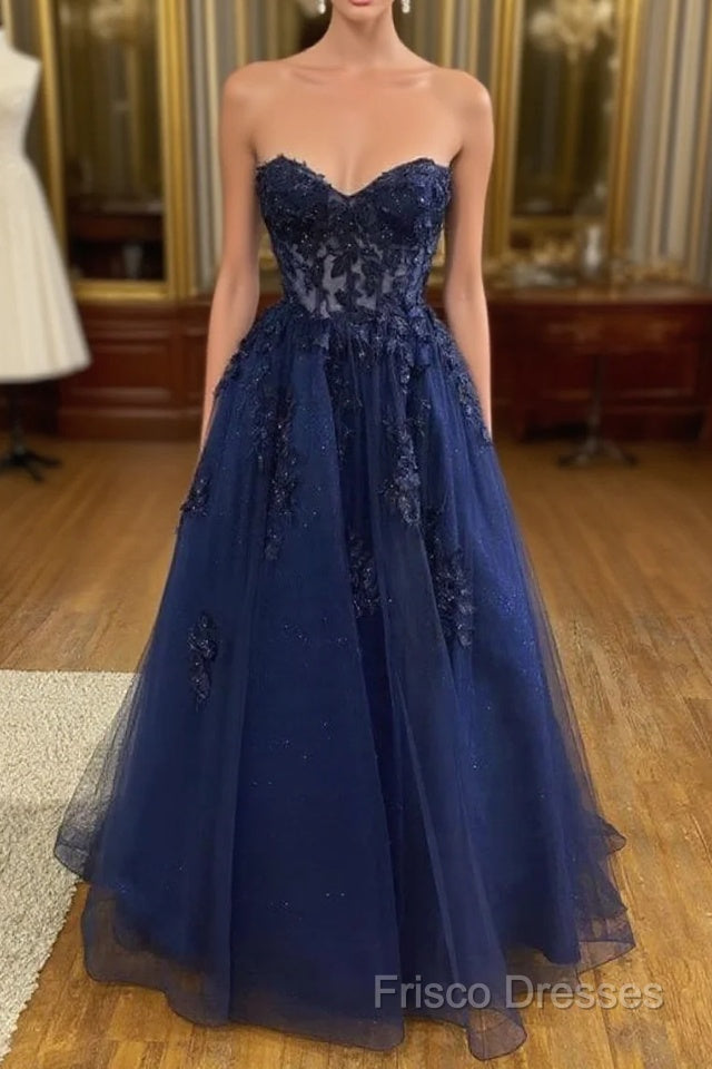 A Line Navy Blue Lace Long Formal Prom Dress Strapless Graduation Formal Dress Main image