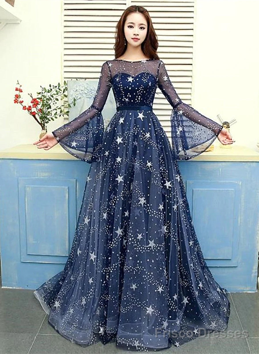 A-Line Navy Blue Round Neckline Long Party Dress, Navy Blue Long Prom Dress Main image
