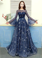 A-Line Navy Blue Round Neckline Long Party Dress, Navy Blue Long Prom Dress