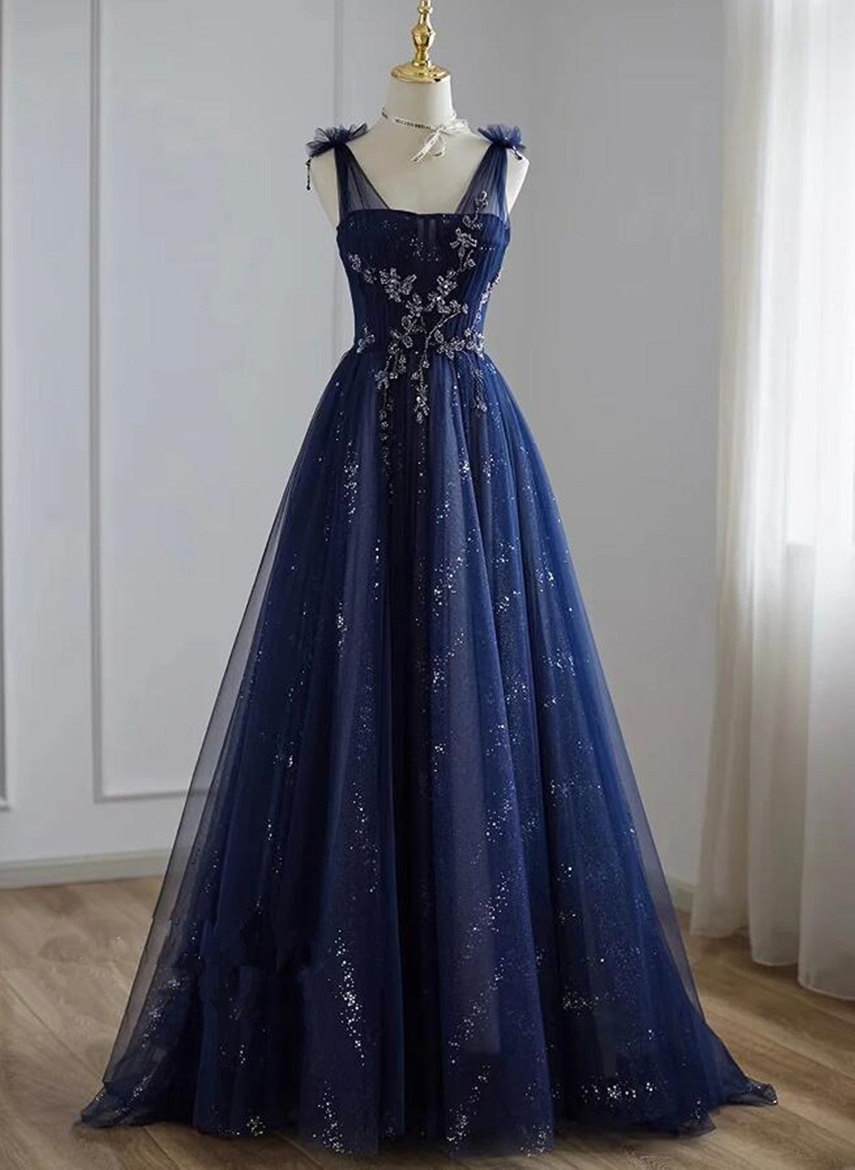A-Line Navy Blue Tulle Beaded V-Neckline Party Dress, Navy Blue Shiny Tulle Prom Dress Main image