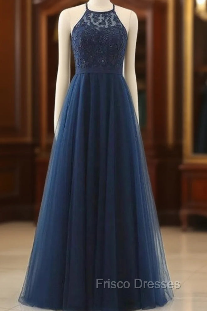 A-line Navy Blue Tulle Halter Crossed Back Long Formal Prom Dress