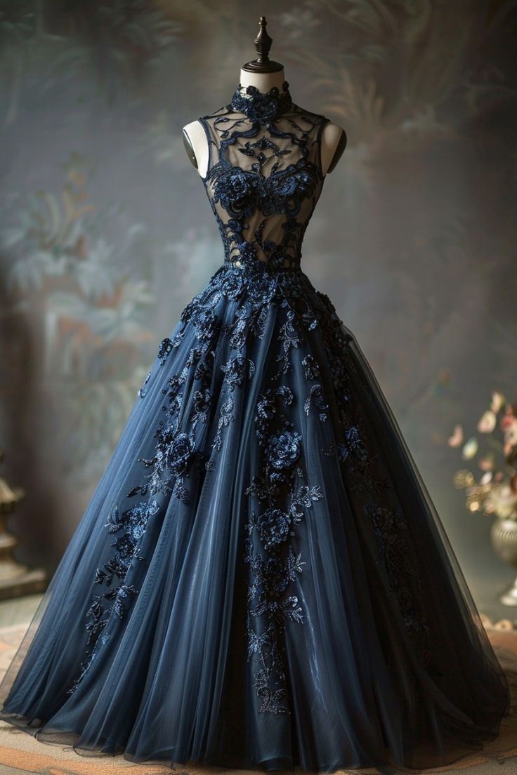 A Line Navy Blue Tulle High Neck Long Prom Dresses Charming Evening Dress