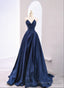 A-Line Navy Blue Tulle Long Party Dress, Navy Blue Satin Prom Dress