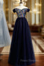 A-Line Navy Blue Tulle Sequins Off the Shoulder Formal Prom Dress