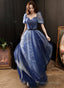 A-Line Navy Blue Tulle Short Sleeves Long Party Dress, Navy Blue Prom Dress