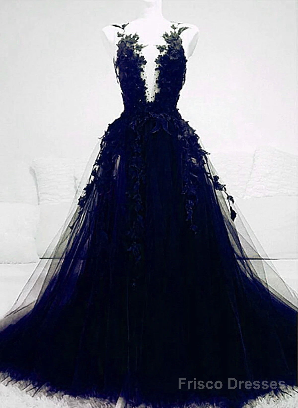 A-Line Navy Blue Tulle With Lace Long Evening Dress, Navy Blue Prom Dress