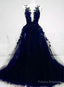 A-Line Navy Blue Tulle With Lace Long Evening Dress, Navy Blue Prom Dress