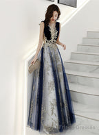 A-Line Navy Blue Tulle With Lace Long Party Dress, Navy Blue Floor Length Prom Dress