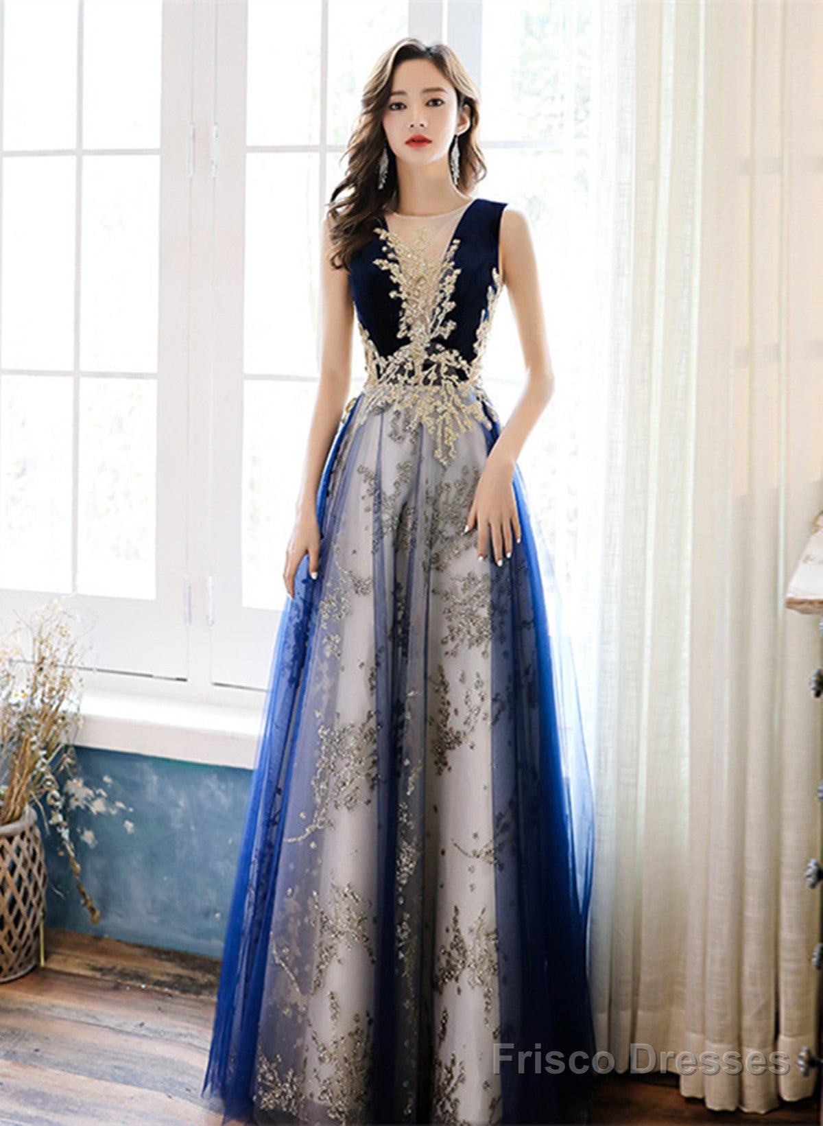 A-Line Navy Blue Tulle With Lace Long Party Dress, Navy Blue Floor Length Prom Dress Main image