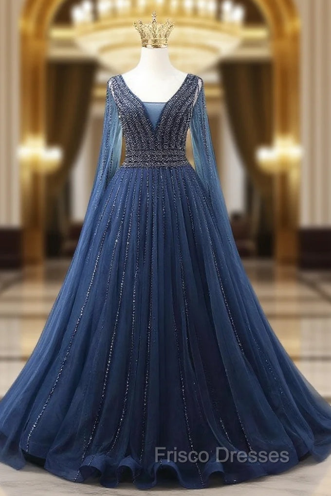 A-line Navy Blue V-neck Beading Formal Prom Dress Main image