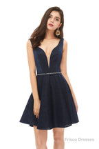 A-Line Navy Blue V-neck Mini Short Beading Homecoming Dresses k08