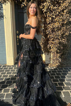 A Line Off Shoulder Black Lace Long Prom Dress With High Slit