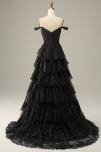 A Line Off Shoulder Black Lace Long Prom Dress With High Slit