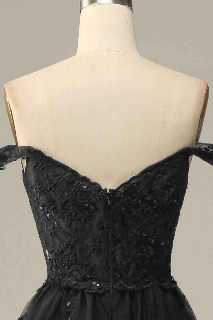 A Line Off Shoulder Black Lace Long Prom Dress With High Slit
