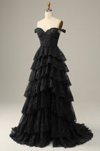 A Line Off Shoulder Black Lace Long Prom Dress With High Slit