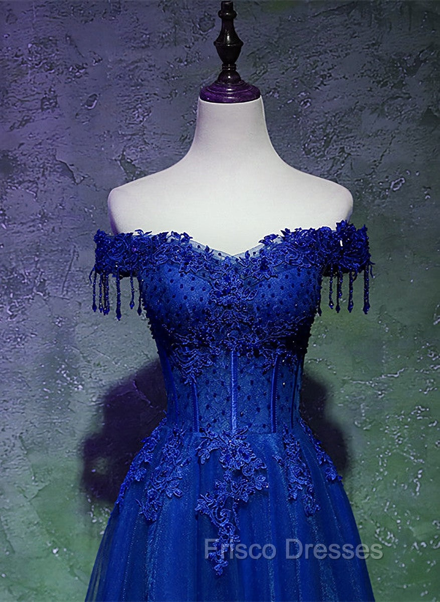 A-line Off Shoulder Blue Beaded and Lace Long Party Dress, Blue Formal Dress Secondary image