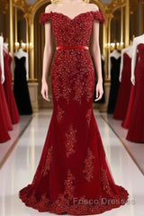 A Line Off Shoulder Burgundy Lace Formal Prom Dresses, Burgundy Lace Formal Dresses, Bridesmaid Dresses