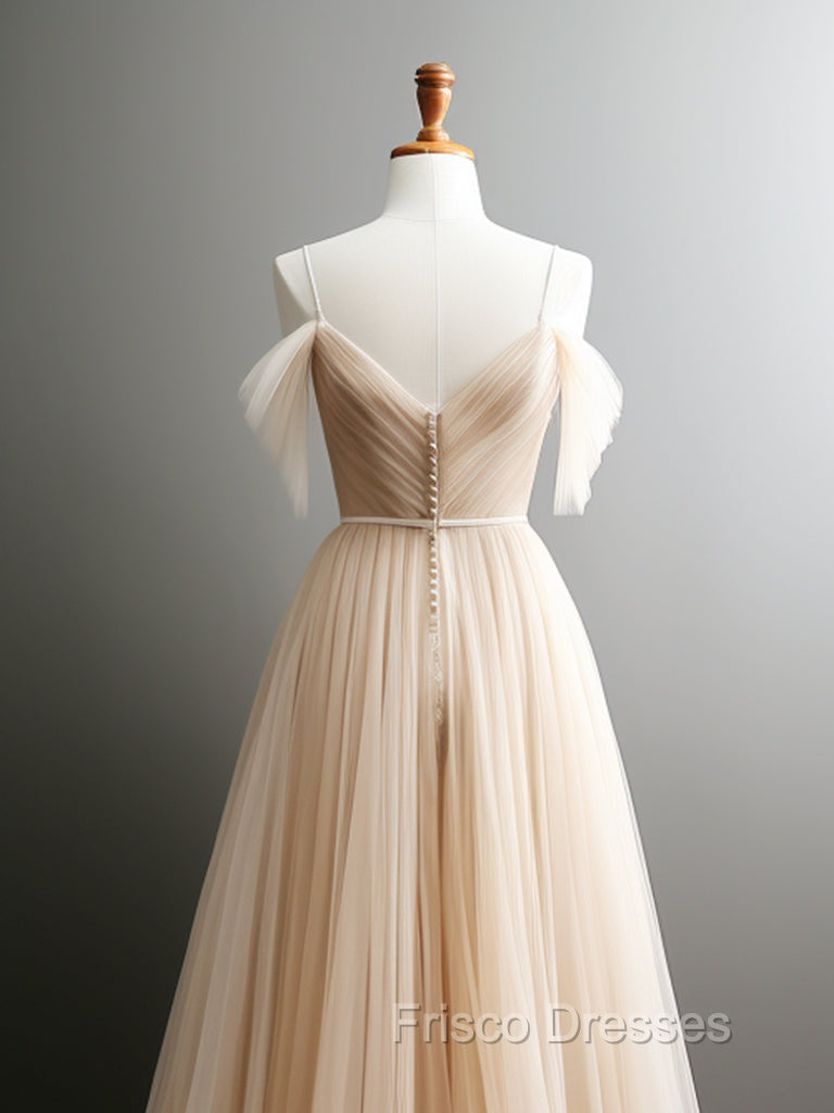 A-Line Off Shoulder Champagne Tulle Long Formal Prom Dress, Champagne Long Evening Dress Secondary image