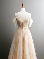 A-Line Off Shoulder Champagne Tulle Long Formal Prom Dress, Champagne Long Evening Dress