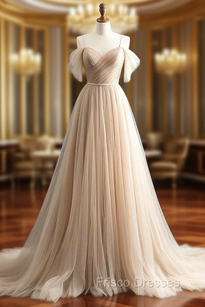 A-Line Off Shoulder Champagne Tulle Long Formal Prom Dress, Champagne Long Evening Dress Main image