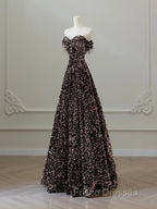 A-Line Off Shoulder Coffee Gold Sequin Long Formal Prom Dress, Coffee Gold Formal Dress