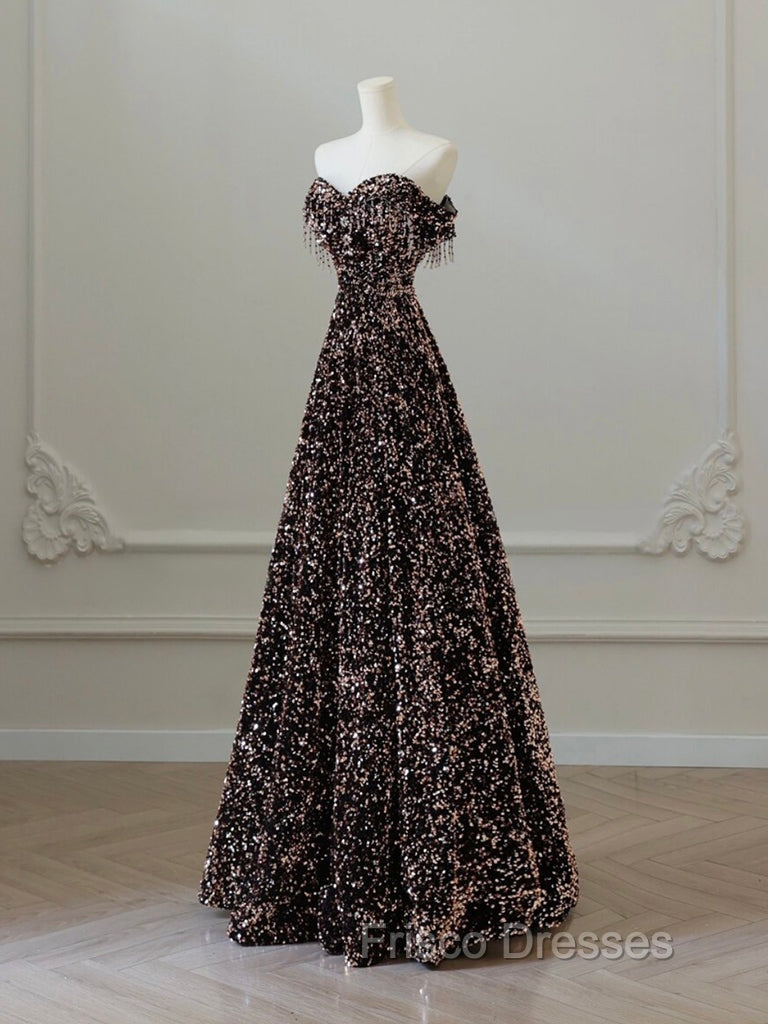 A-Line Off Shoulder Coffee Gold Sequin Long Formal Prom Dress, Coffee Gold Formal Dress