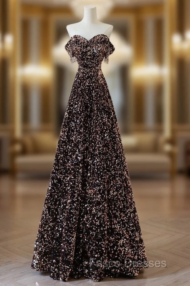 A-Line Off Shoulder Coffee Gold Sequin Long Formal Prom Dress, Coffee Gold Formal Dress Main image