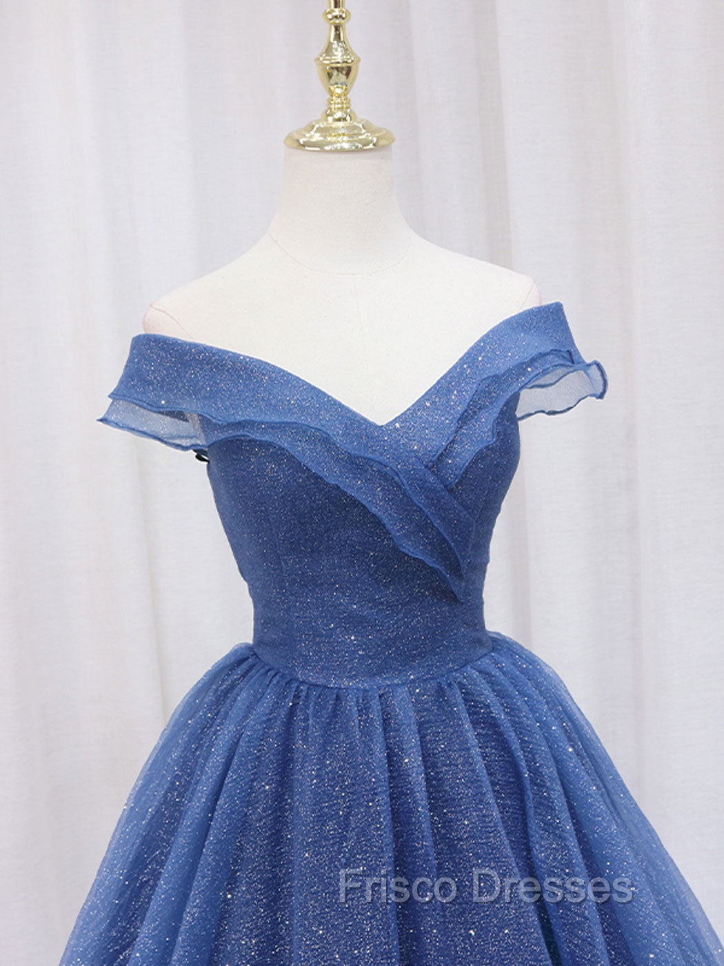 A-Line Off Shoulder Dark Blue Long Formal Prom Dress, Shiny Tulle Long Graduation Dress Secondary image