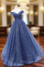 A-Line Off Shoulder Dark Blue Long Formal Prom Dress, Shiny Tulle Long Graduation Dress