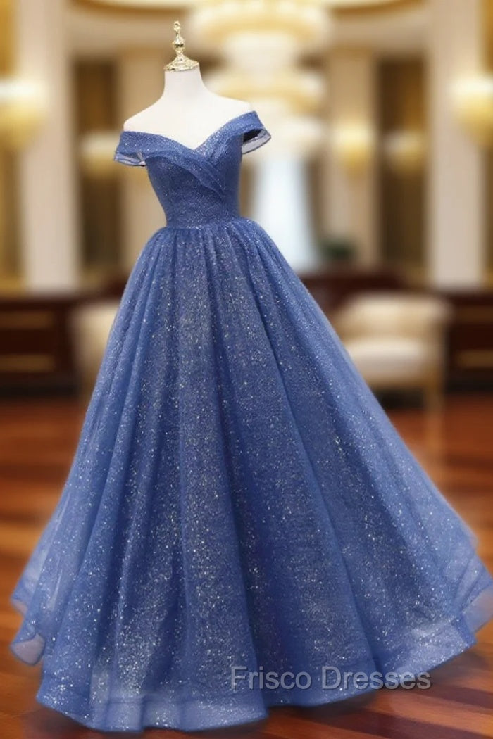 A-Line Off Shoulder Dark Blue Long Formal Prom Dress, Shiny Tulle Long Graduation Dress