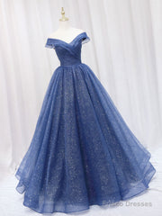 A-Line Off Shoulder Dark Blue Long Prom Dress, Shiny Tulle Long Graduation Dress