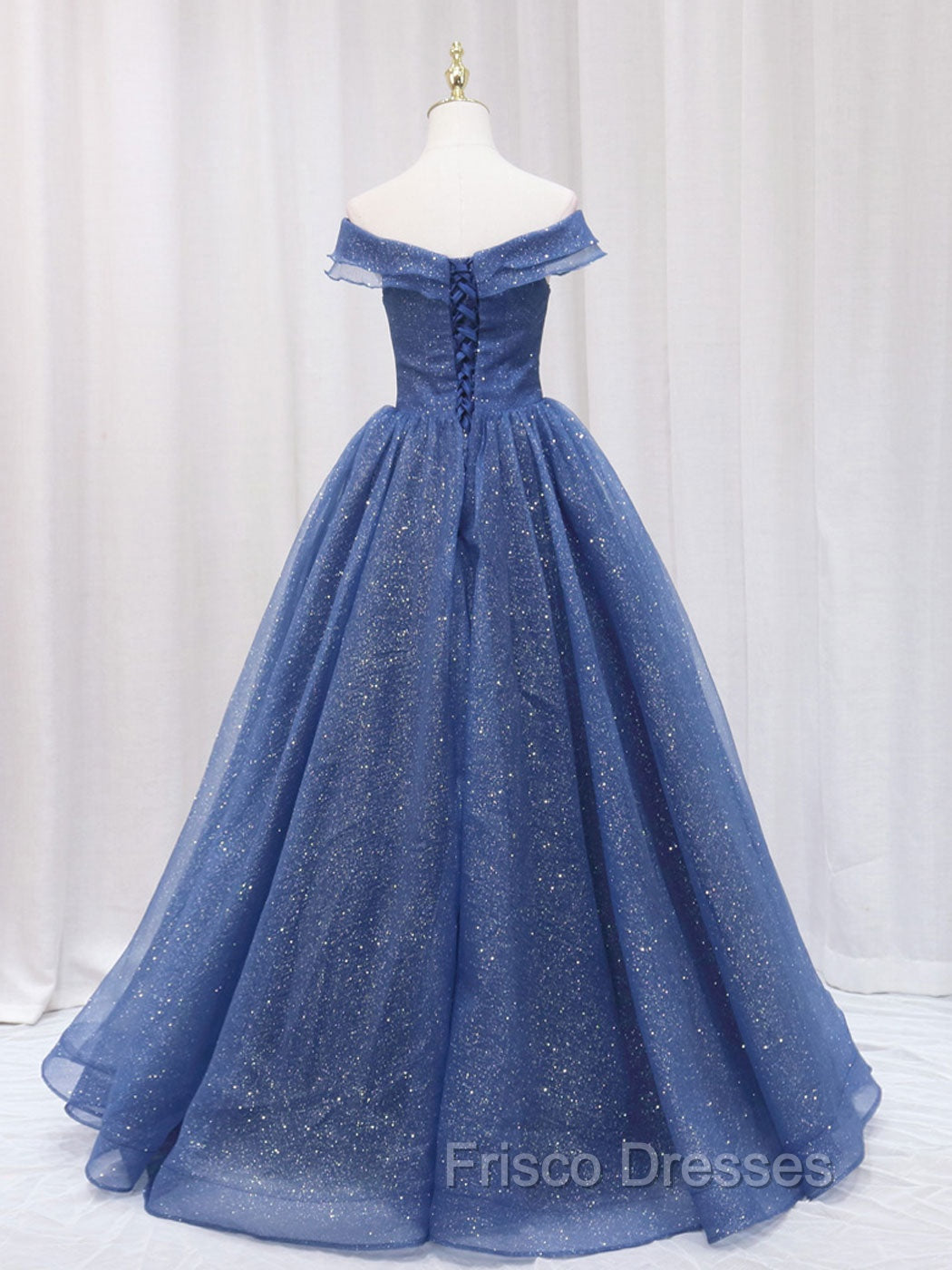 A-Line Off Shoulder Dark Blue Long Formal Prom Dress, Shiny Tulle Long Graduation Dress
