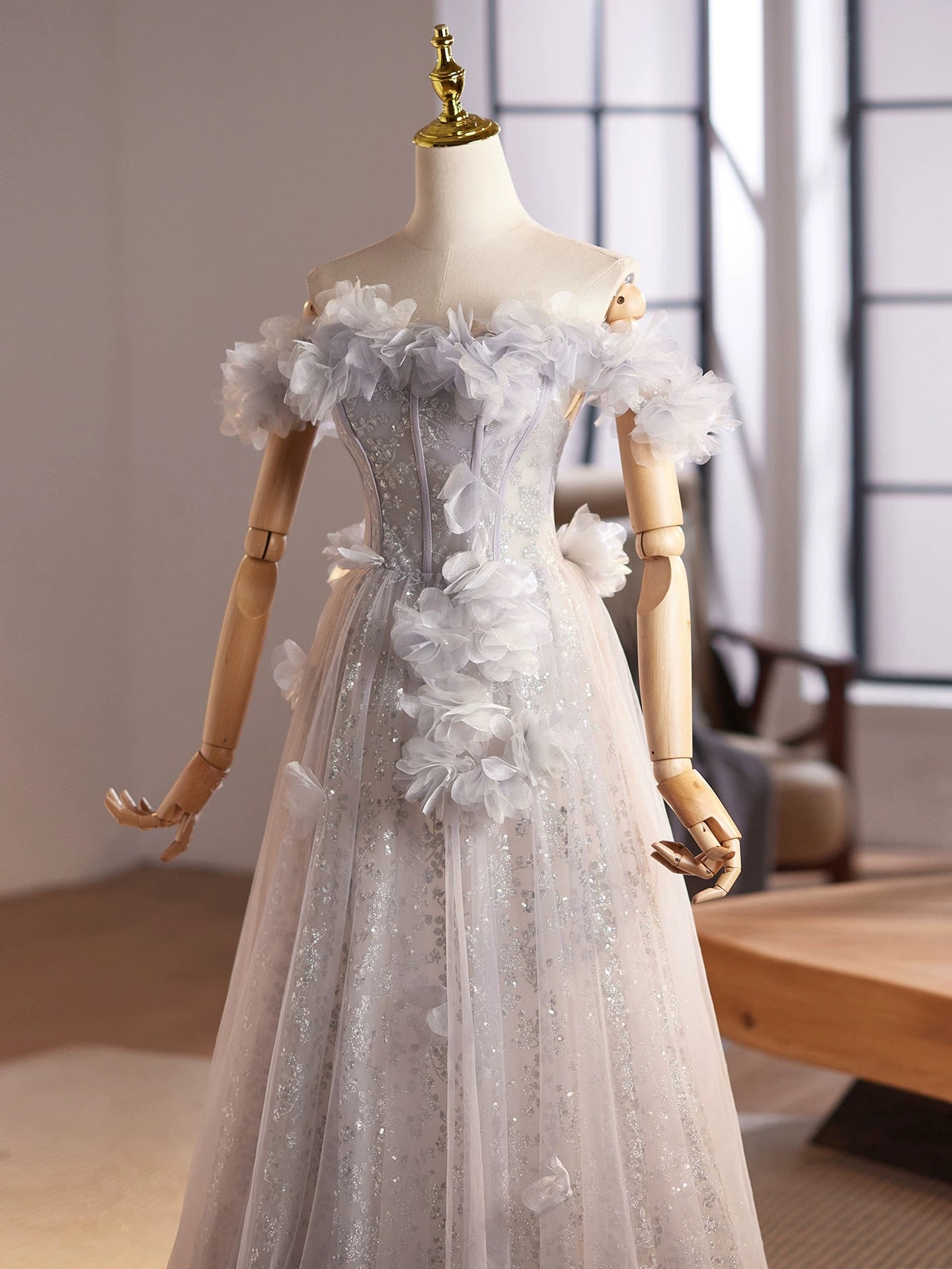 A-Line Off Shoulder Flower Tulle Gray Long Prom Dress, Gray Formal Dress Secondary image