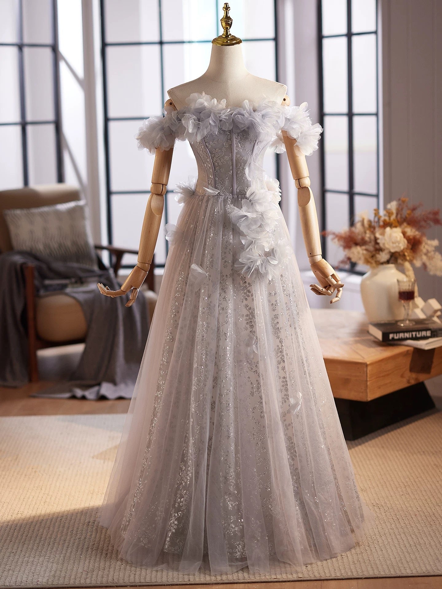A-Line Off Shoulder Flower Tulle Gray Long Prom Dress, Gray Formal Dress Main image