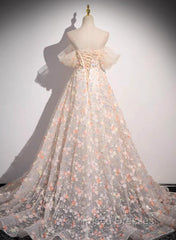A-Line Off Shoulder Flowers Lace Formal Dress, Long Formal Prom Dress