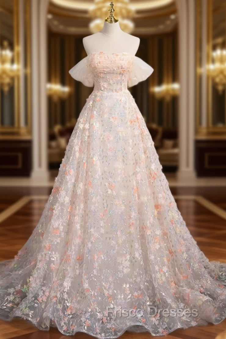 A-Line Off Shoulder Flowers Lace Formal Dress, Long Formal Prom Dress Main image