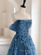A-line Off Shoulder Gray Blue Tulle Long Formal Prom Dress, Gray Blue Long Formal Dress