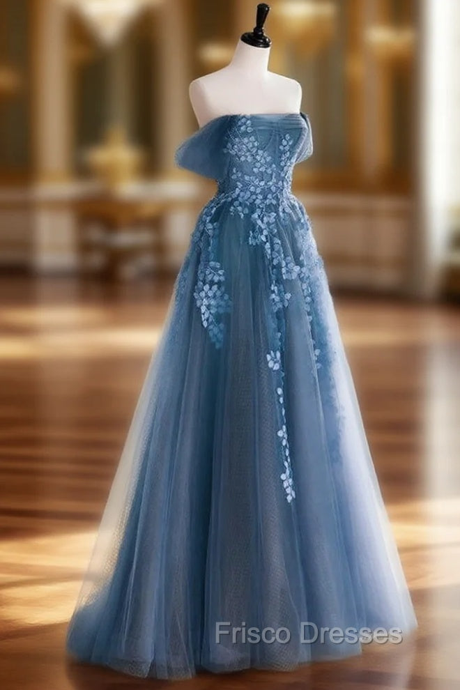 A-line Off Shoulder Gray Blue Tulle Long Formal Prom Dress, Gray Blue Long Formal Dress Main image