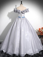 A-Line Off Shoulder Gray Satin Long Prom Dress, Gray Long Formal Dress