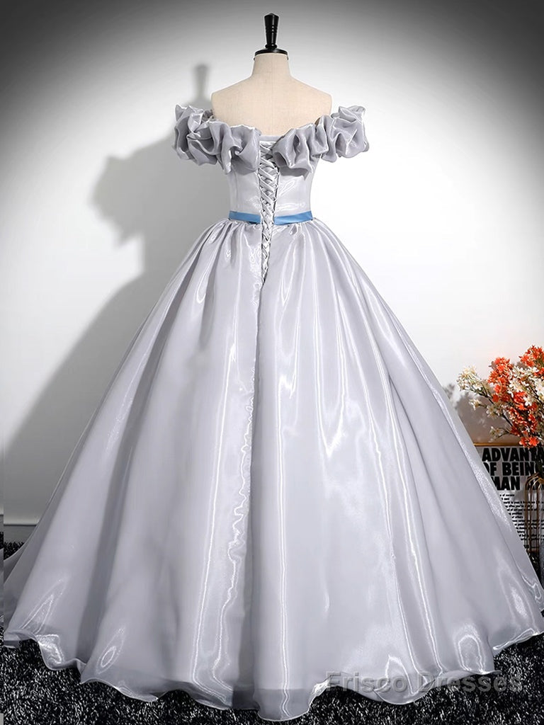 A-Line Off Shoulder Gray Satin Long Prom Dress, Gray Long Formal Dress