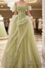 A-Line Off Shoulder Green Lace Long Formal Prom Dresses, Green Formal Dresses