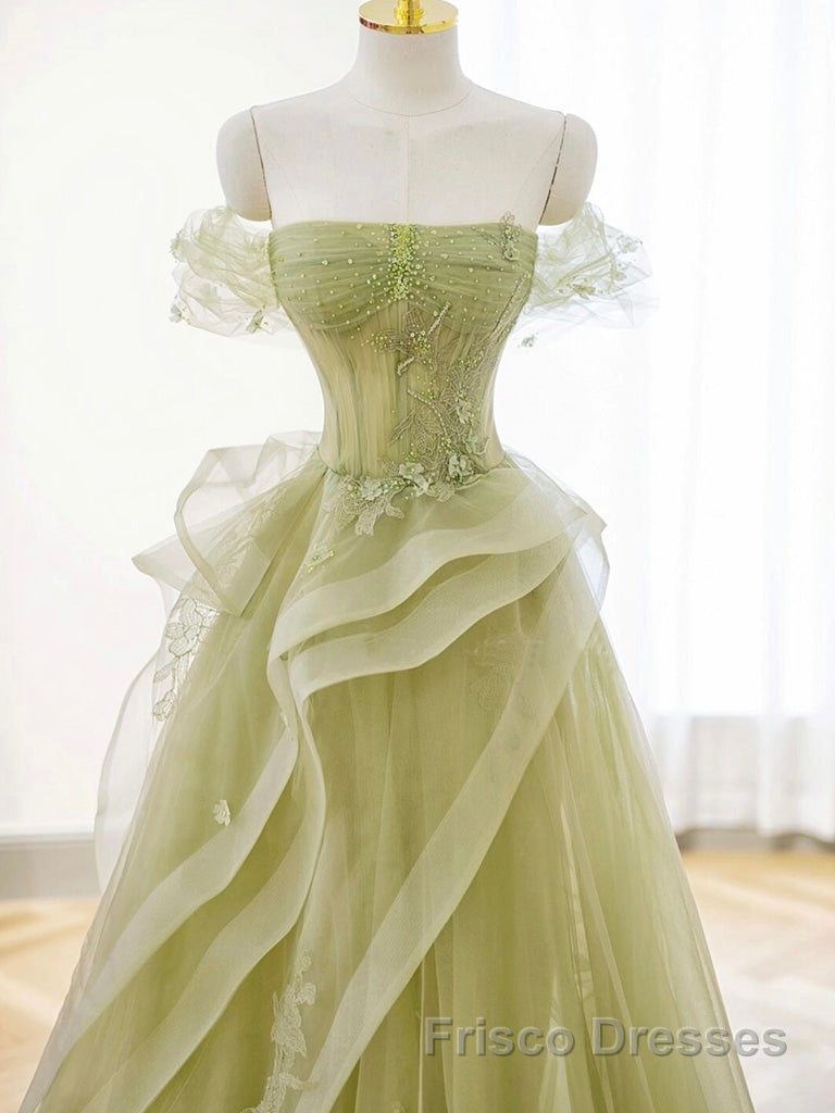 A-Line Off Shoulder Green Lace Long Formal Prom Dresses, Green Formal Dresses Secondary image