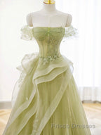 A-Line Off Shoulder Green Lace Long Formal Prom Dresses, Green Formal Dresses