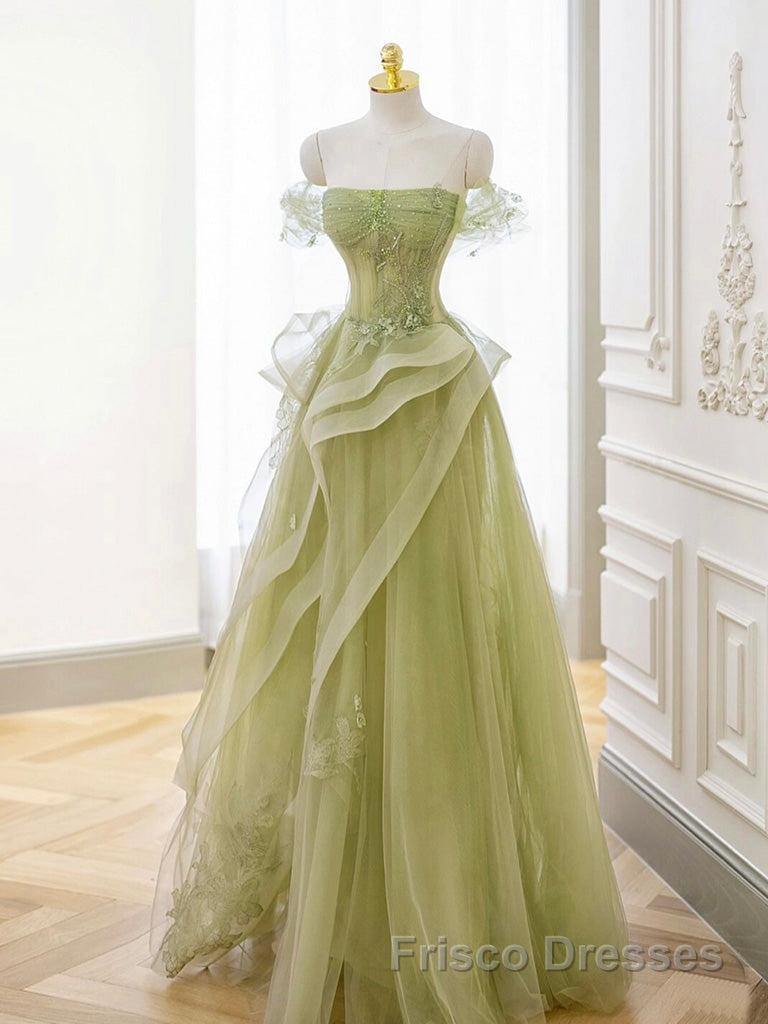 A-Line Off Shoulder Green Lace Long Formal Prom Dresses, Green Formal Dresses
