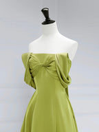 A-Line Off Shoulder Green Satin Long Prom Dress, Green Long Formal Evening Dress