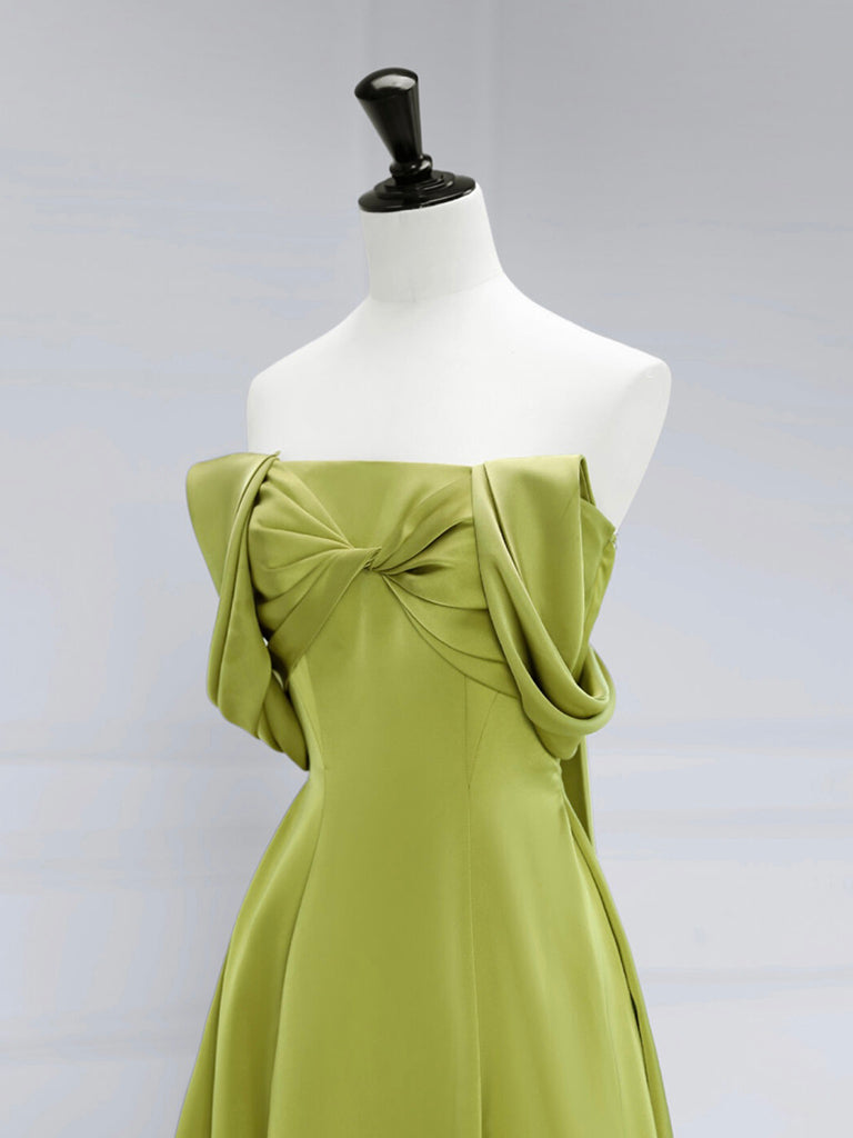A-Line Off Shoulder Green Satin Long Prom Dress, Green Long Formal Evening Dress